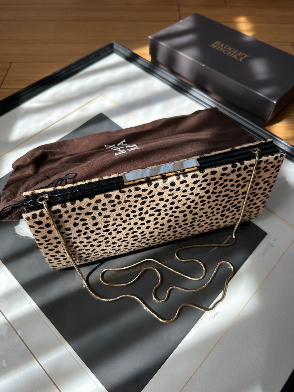 Badgley Mischka Cheetah Print Clutch, Calf Hair, Leather Trim • Dust Bag & Box